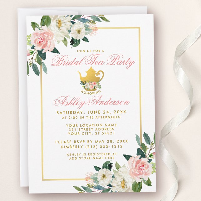 Invitation Fête des mariées Tea Party Gold rose Floral Invita (Customize to change text color or text style.)