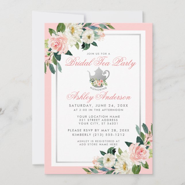 Invitation Fête des mariées Tea Party Pink Silver Floral Invi (Devant)