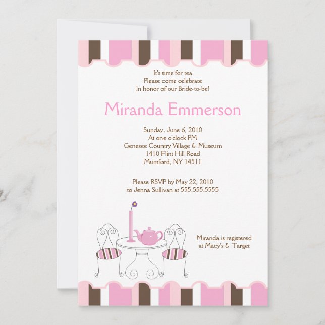 Invitation Fête des mariées Tea Party Pink Stripe 5x7 (Devant)