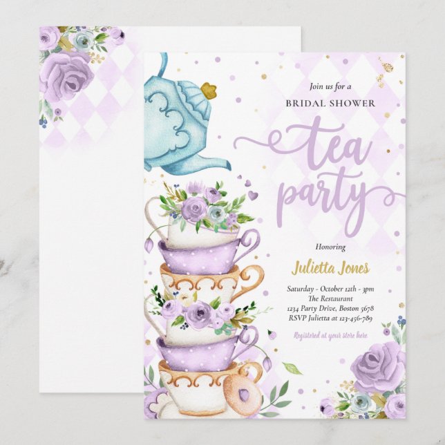 Invitation Fête des mariées Tea Party Purple Et Gold Floral (Devant / Derrière)
