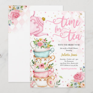 Invitation Fête des mariées Tea Party Rose et or Floral