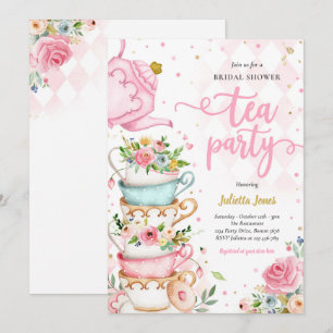 Invitation Fête des mariées Tea Party Rose et or Floral 