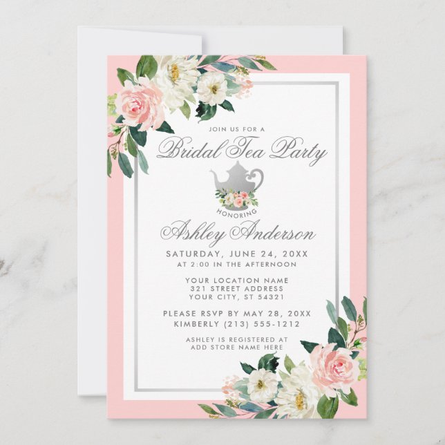 Invitation Fête des mariées Tea Party rose Floral Argent Invi (Devant)
