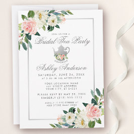 Invitation Fête des mariées Tea Party rose Floral Argent Invi