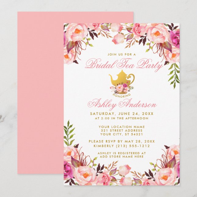 Invitation Fête des mariées Tea Party Rose Floral Or (Devant / Derrière)