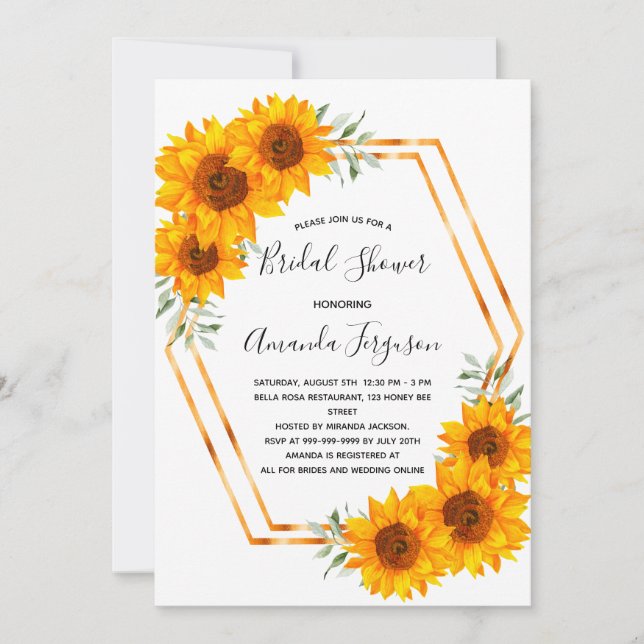 Invitation Fête des mariées tournesol or géométrique élégant (Devant)