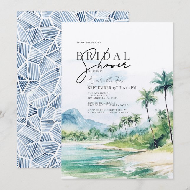 Invitation Fête des mariées Tropical Beach Palm Trees (Devant / Derrière)