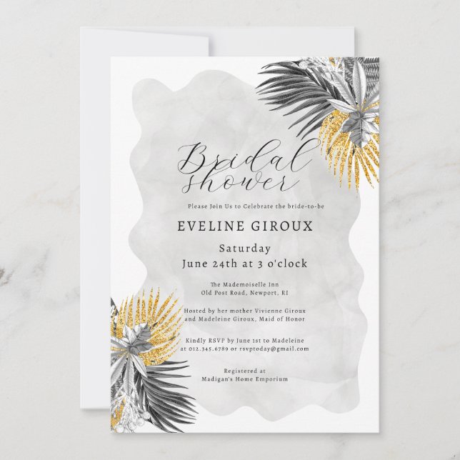 Invitation Fête des mariées Tropical Palm Black White Gold (Devant)
