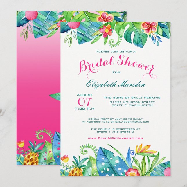 Invitation Fête des mariées Tropical Pink Turquoise Floral Om (Devant / Derrière)