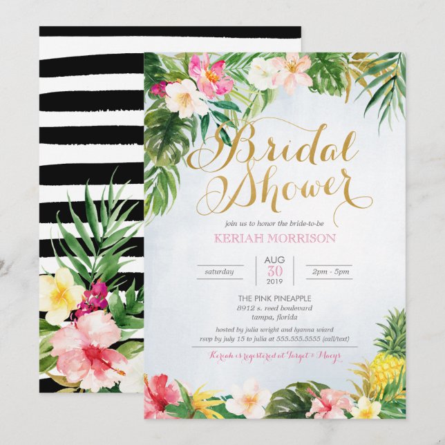 Invitation Fête des mariées tropicale à la florale ou à Luau (Devant / Derrière)