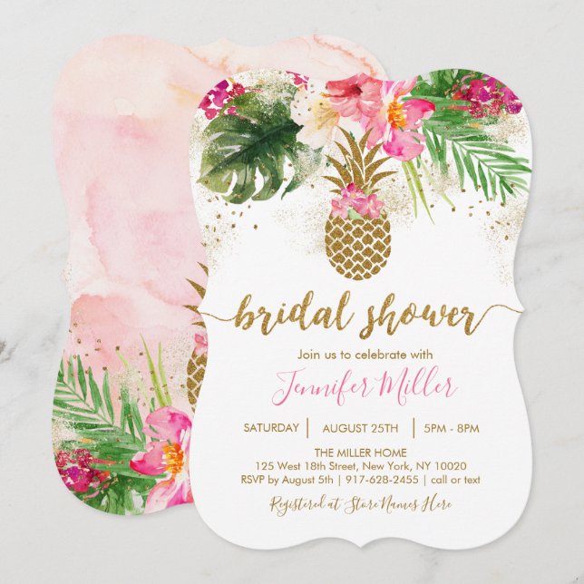 Invitation Fête des mariées tropicale florale d'ananas en or (Devant / Derrière)