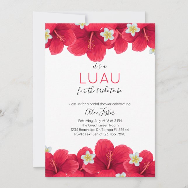 Invitation Fête des mariées tropicale Hawaiian Luau, Rouge (Devant)