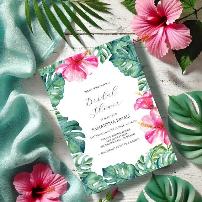 Invitation Fête des mariées tropicale Hibiscus (Bridal shower invitations tropical pink hibiscus flower monstera palm leaves garden Vic Grigaliunas)