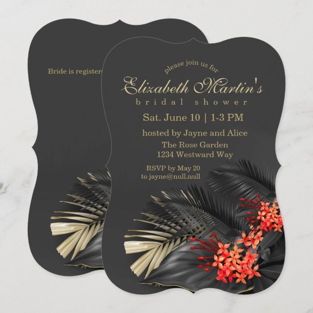 Invitation Fête des mariées tropicale noire de Jasmine rouge (Devant / Derrière)