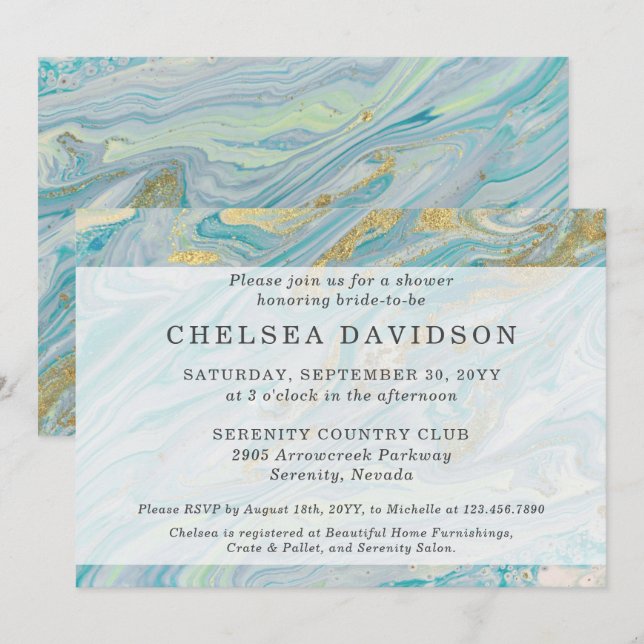 Invitation Fête des mariées Turquoise & Gold Marble Swirl Geo (Devant / Derrière)