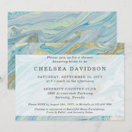 Invitation Fête des mariées Turquoise & Gold Marble Swirl Geo