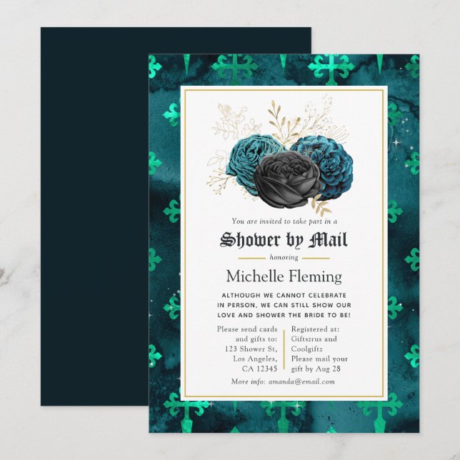 Invitation Fête des mariées turquoise, noire et or par la pos (Devant / Derrière)