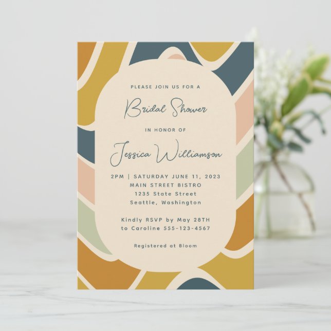 Invitation Fête des mariées Turquoise Retro Boho Abstraite Wa (Debout devant)