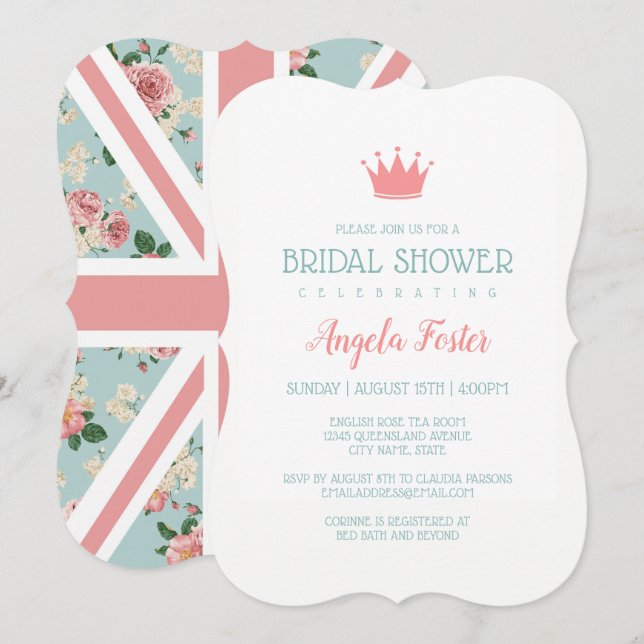 Invitation Fête des mariées Union Jack Rose anglaise (Devant / Derrière)
