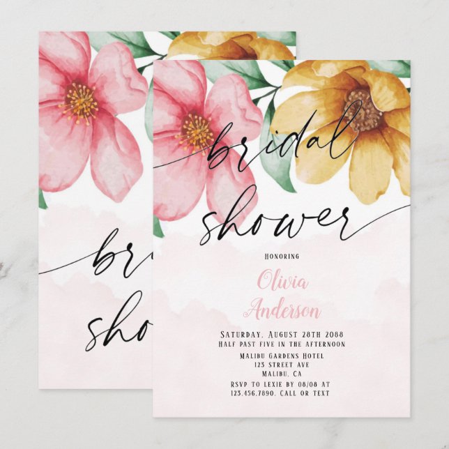 Invitation Fête des mariées végétale rose et jaune (Devant / Derrière)