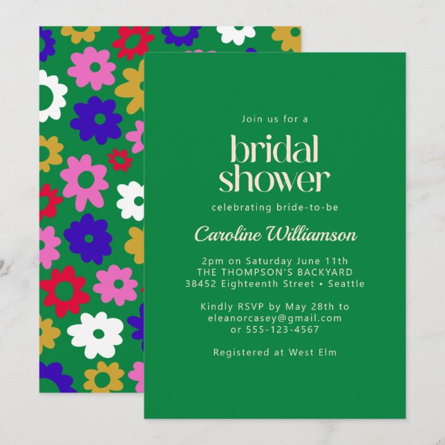 Invitation Fête des mariées verte aux fleurs scandinaves colo (Devant / Derrière)