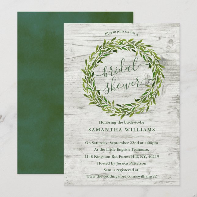 Invitation Fête des mariées verte branchée Laurel Wreath (Devant / Derrière)