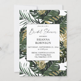 Invitation Fête des mariées verte Tropical Palm Leaf & Gold