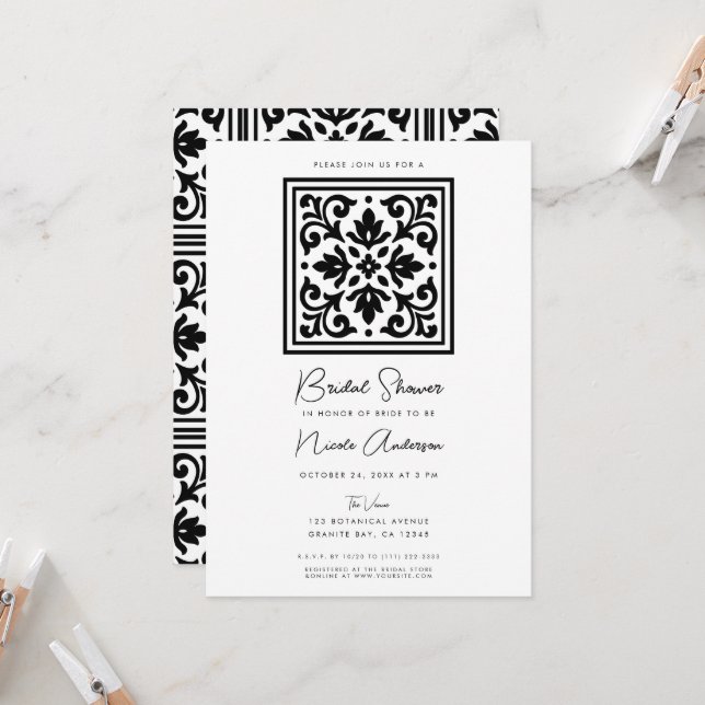 Invitation Fête des mariées Vintage en dentelle noire et blan (Devant/Arrière en situation)