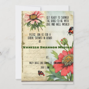 Invitation Fête des mariées vintage Ephemera Red Zinnias