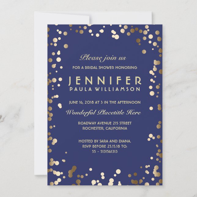 Invitation Fête des mariées Vintage Gold et Navy Confetti (Devant)