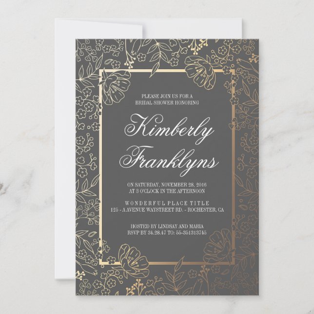 Invitation Fête des mariées Vintage or et gris (Devant)