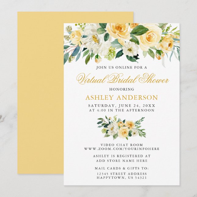 Invitation Fête des mariées virtuelle Aquarelle Jaune Floral (Devant / Derrière)