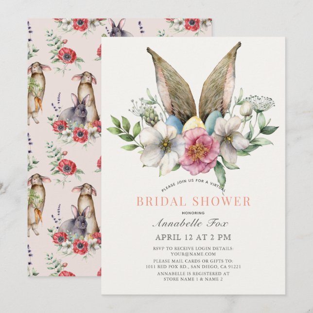 Invitation Fête des mariées virtuelle Floral Bunny Ear (Devant / Derrière)