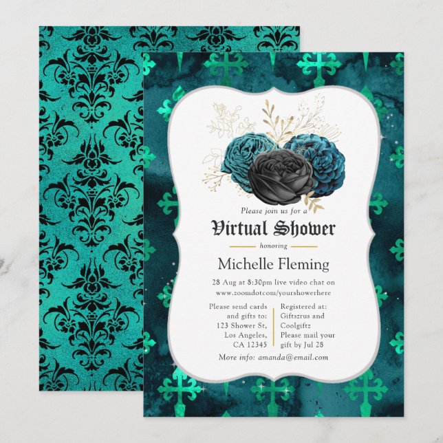 Invitation Fête des mariées virtuelle turquoise, noire et dor (Devant / Derrière)