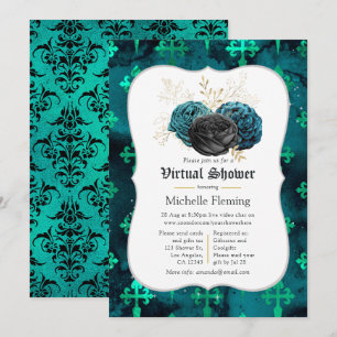 Invitation Fête des mariées virtuelle turquoise, noire et dor