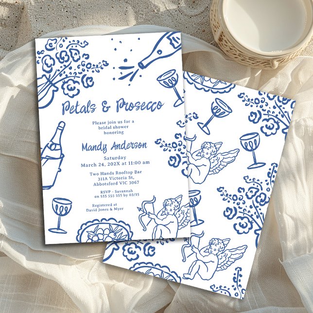 Invitation Fête des mariées Whimsical Drake Blue Petal Prosec (Blue Whimsical Drawn Bridal Shower Invitation, Petals Prosecco Bridal Shower Invitation, Floral)