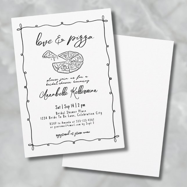 Invitation Fête des mariées Whimsical Pizza Love Drave (Hand Drawn Love Pizza Whimsical Bridal Shower Invitation)