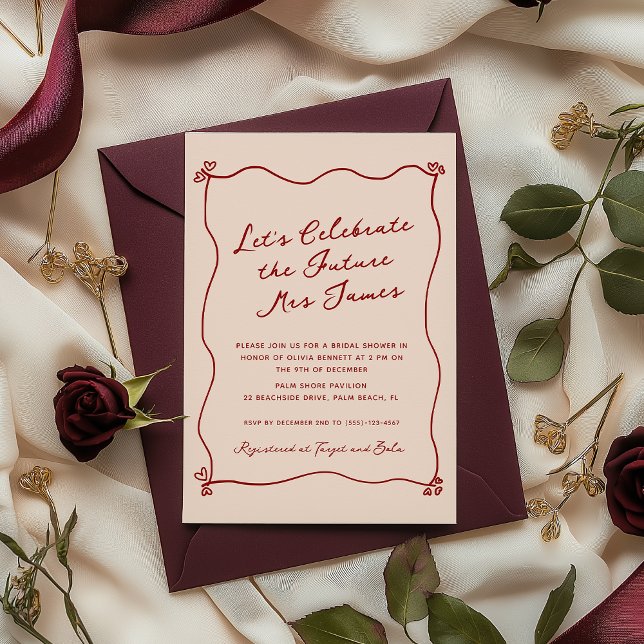 Invitation Fête des mariées Whimsical Quirky Rouge Main Tirée (Créateur téléchargé)