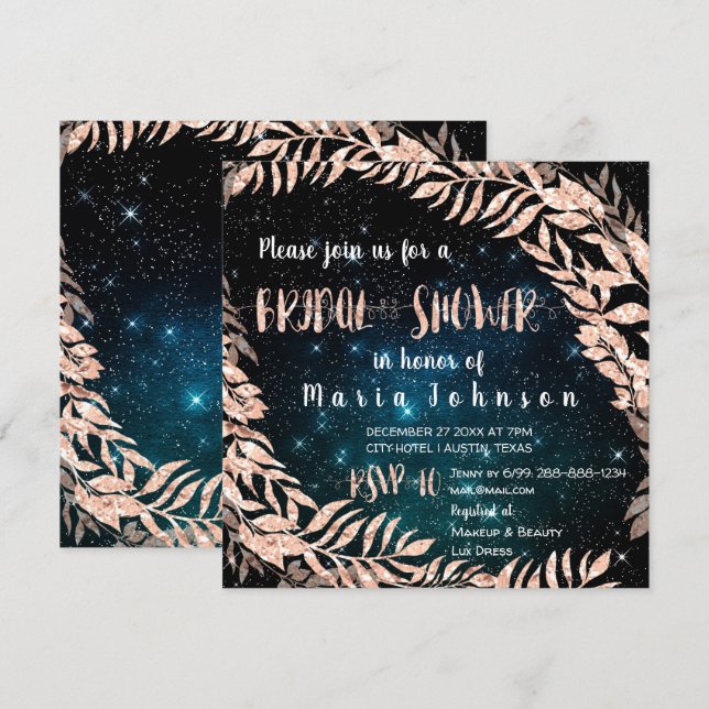 Invitation Fête des mariées Wreath Rose Gold Blue Sky Turquoi (Devant / Derrière)