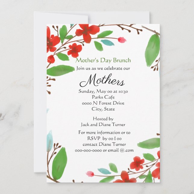 Invitation Fête des Mères Aquarelle Fleurs Rouges Brunch  (Devant)
