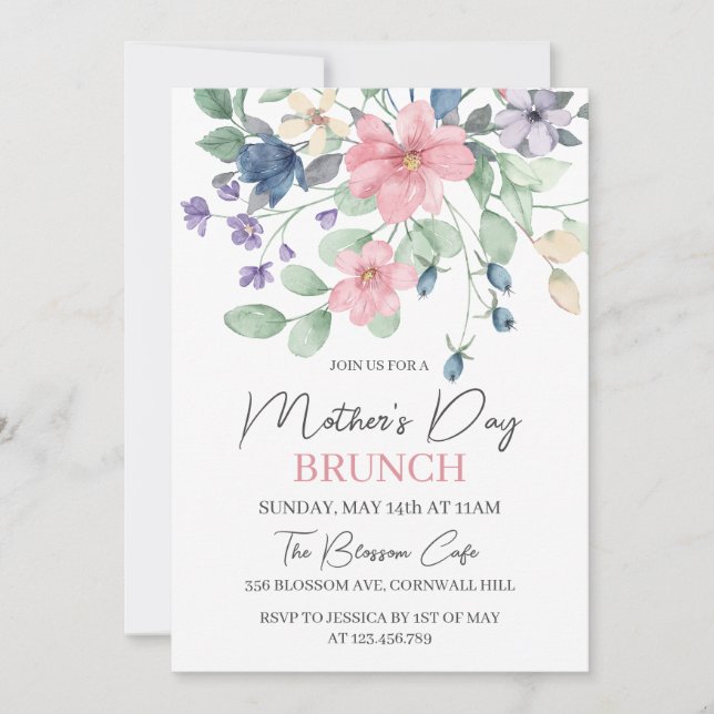 Invitation Fête des mères Brunch Berry rose Aquarelle Floral (Devant)