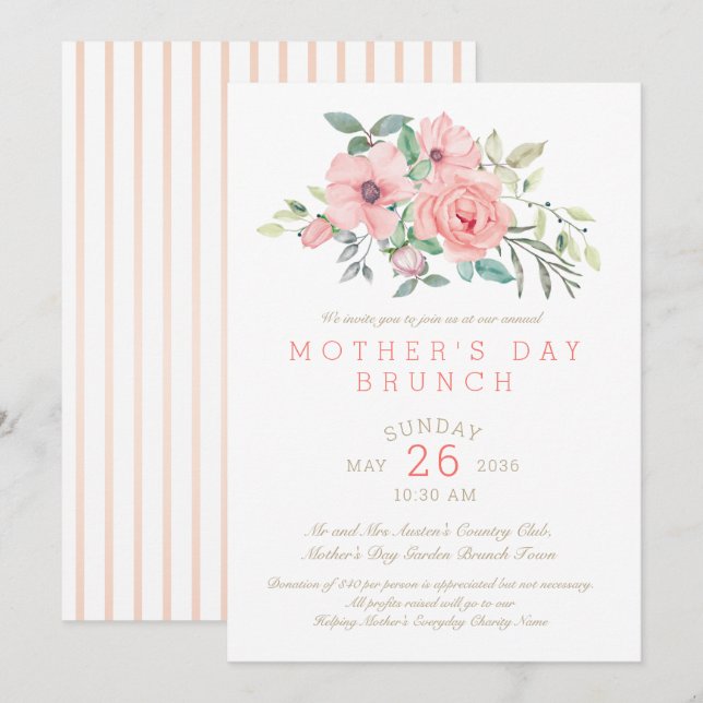 Invitation Fête des mères Brunch Floral Aquarelle (Devant / Derrière)