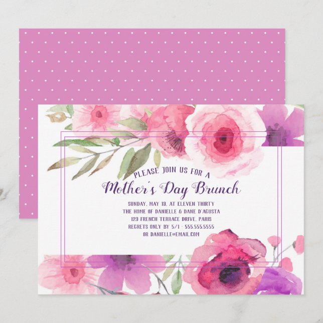 Invitation Fête des mères Brunch Pink Purple Aquarelle Floral (Devant / Derrière)