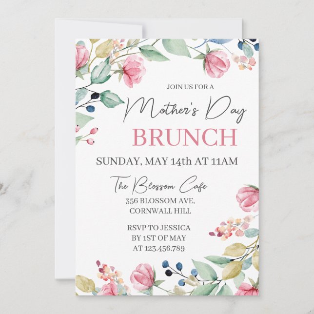 Invitation Fête des Mères Brunch Rose Floral Vert (Devant)