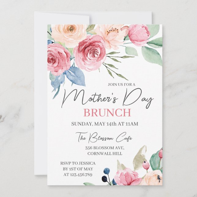 Invitation Fête des Mères Brunch Rose Rose Aquarelle Floral (Devant)