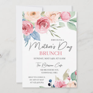 Invitation Fête des Mères Brunch Rose Rose Aquarelle Floral