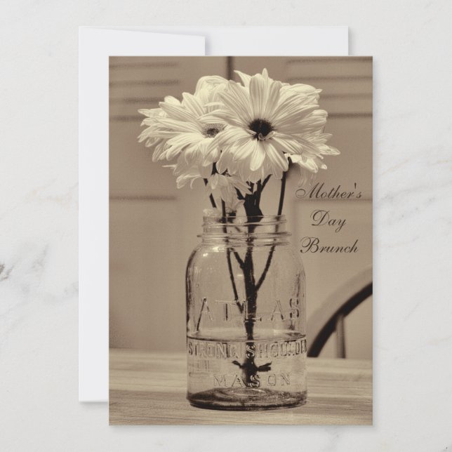 Invitation Fête des mères Brunch Sepia Mason Jar & Daisies (Devant)