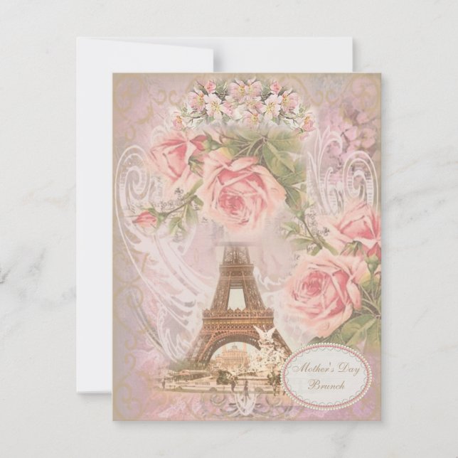 Invitation Fête des Mères Brunch Tour Eiffel Pink Floral (Devant)