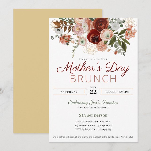 Invitation Fête des mères Eglise Brunch Blush rose floral (Devant / Derrière)