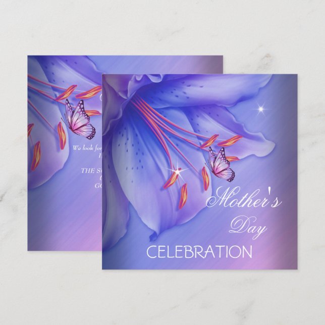 Invitation Fête des Mères Fleurs papillon violet rose Lilac (Devant / Derrière)